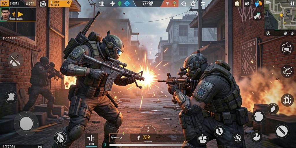 Screenshot gameplay 77RP menampilkan aksi tempur yang mendebarkan.