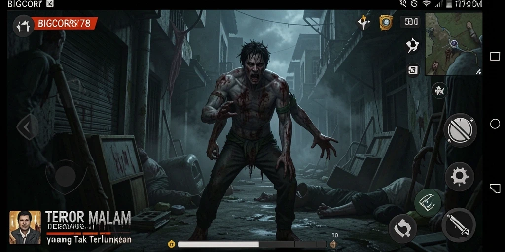 Tampilan gameplay menegangkan di BIGCOR78 saat menjelajahi kegelapan.