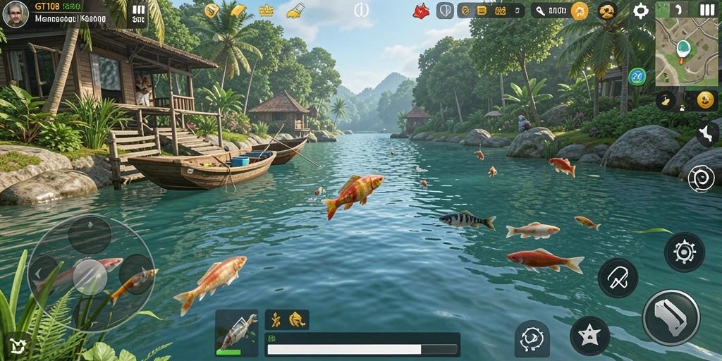 Screenshot gameplay GT108 menampilkan pengalaman memancing yang seru dan mendalam.