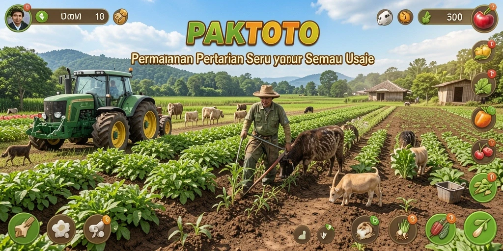 Screenshot PAKTOTO menampilkan ladang hijau yang subur dan aktivitas bertani.