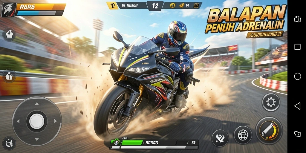 Screenshot menampilkan aksi balapan intens di R6R6 dengan motor yang cepat.