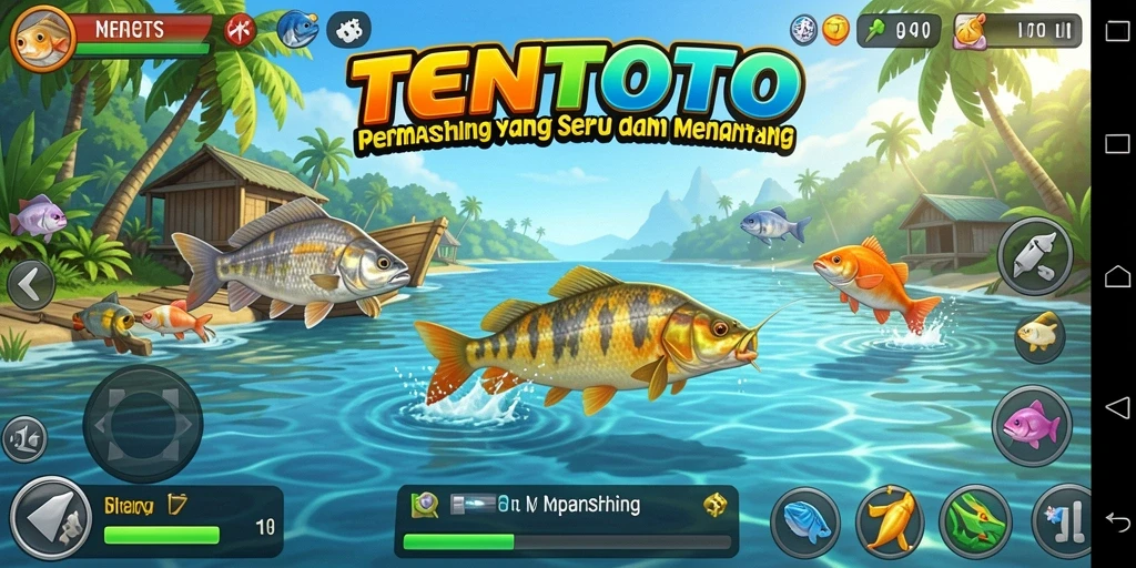 Screenshot utama TENTOTO menunjukkan gameplay menarik saat memancing.